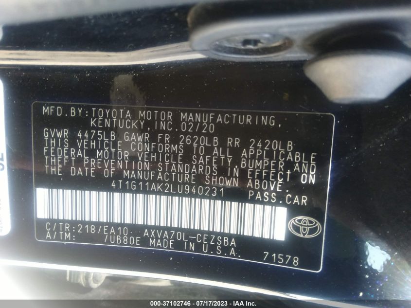 2020 TOYOTA CAMRY SE - 4T1G11AK2LU940231