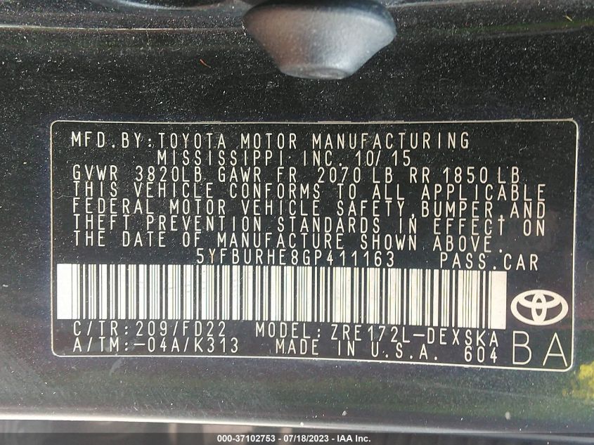 2016 TOYOTA COROLLA L/LE/S/S PLUS/LE PLUS - 5YFBURHE8GP411163