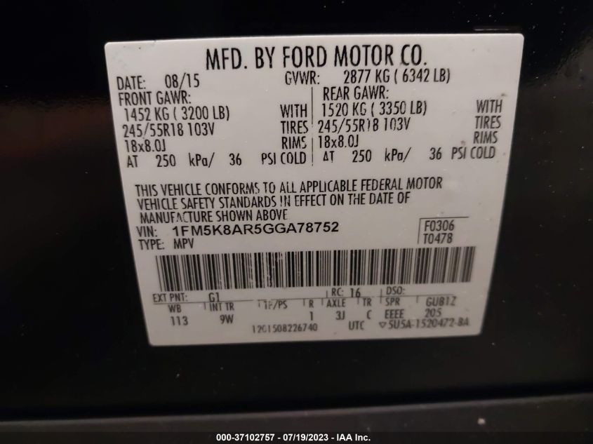 2016 FORD UTILITY POLICE 1FM5K8AR5GGA78752