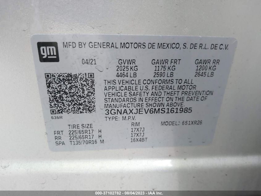 2021 CHEVROLET EQUINOX LT - 3GNAXJEV6MS161985
