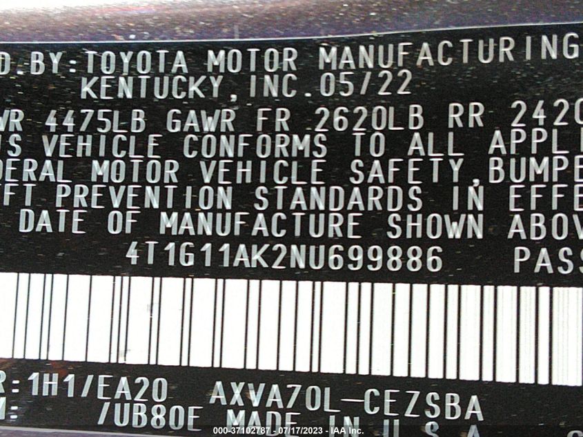 2022 TOYOTA CAMRY SE - 4T1G11AK2NU699886
