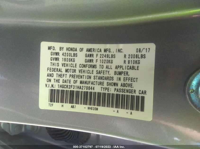 2017 HONDA ACCORD SEDAN LX - 1HGCR2F31HA279644
