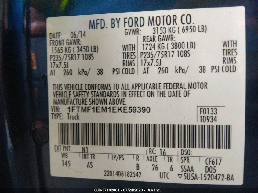 2014 FORD F-150 XL/XLT/STX - 1FTMF1EM1EKE59390