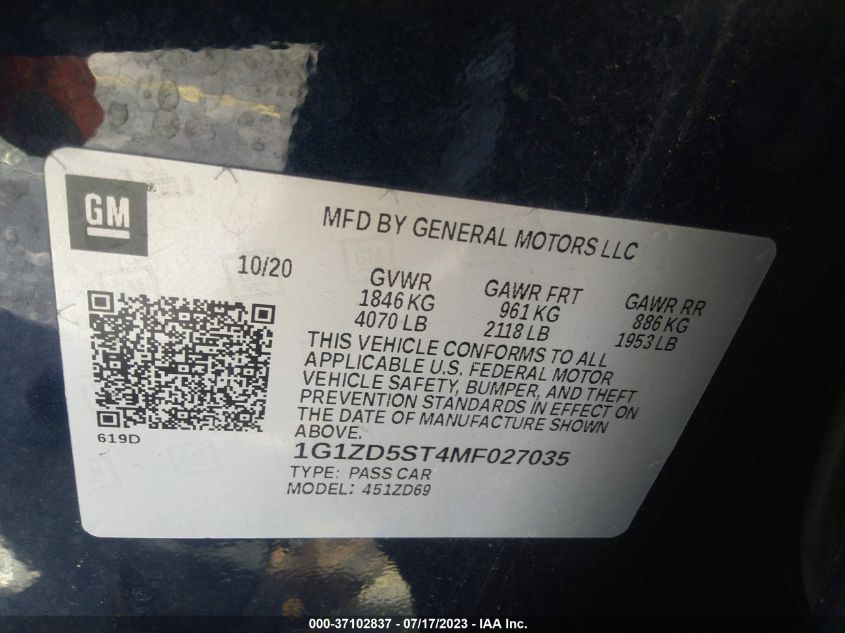 2021 CHEVROLET MALIBU LT - 1G1ZD5ST4MF027035