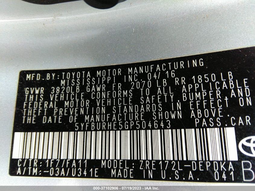 2016 TOYOTA COROLLA L/LE/S/S PLUS/LE PLUS - 5YFBURHE5GP504643