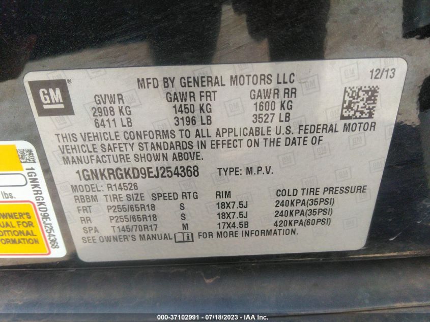 2014 CHEVROLET TRAVERSE LT - 1GNKRGKD9EJ254368