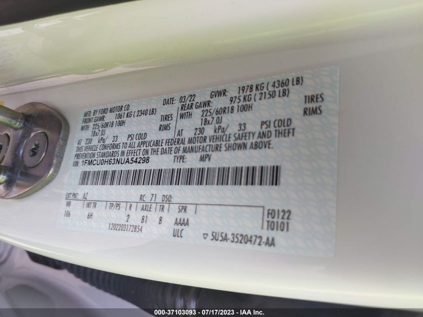 2022 FORD ESCAPE SEL - 1FMCU0H63NUA54298
