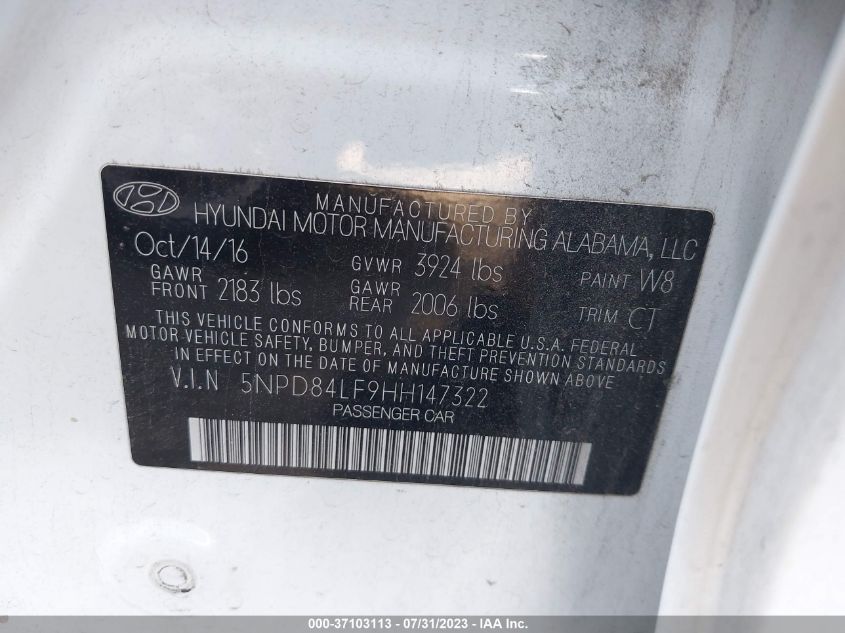 2017 HYUNDAI ELANTRA LIMITED/SE/VALUE EDITION - 5NPD84LFNHH147322