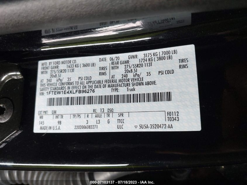 2020 FORD F-150 XL/XLT/LARIAT - 1FTEW1E4XLFB96276