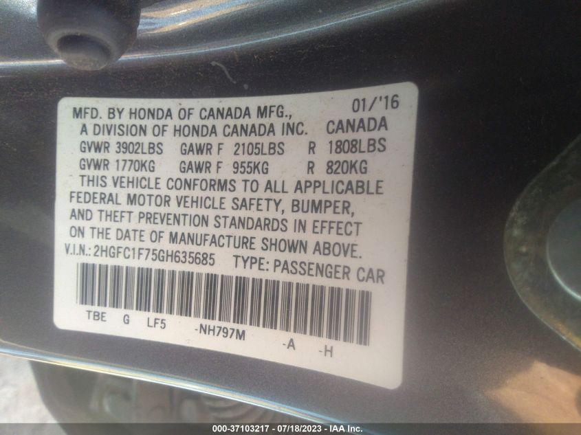 2016 HONDA CIVIC SEDAN EX-L - 2HGFC1F75GH635685
