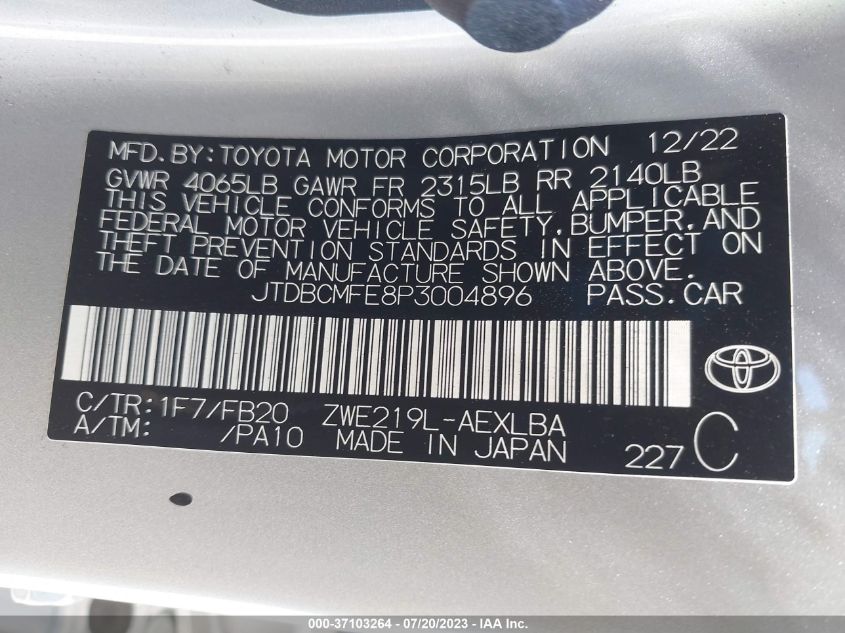 2023 TOYOTA COROLLA HYBRID - JTDBCMFE8P3004896
