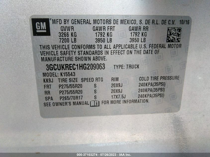 2017 CHEVROLET SILVERADO 1500 LT - 3GCUKREC1HG209063