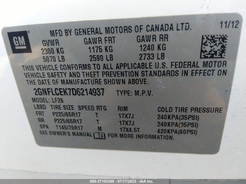 2013 CHEVROLET EQUINOX LS - 2GNFLCEK7D6214937