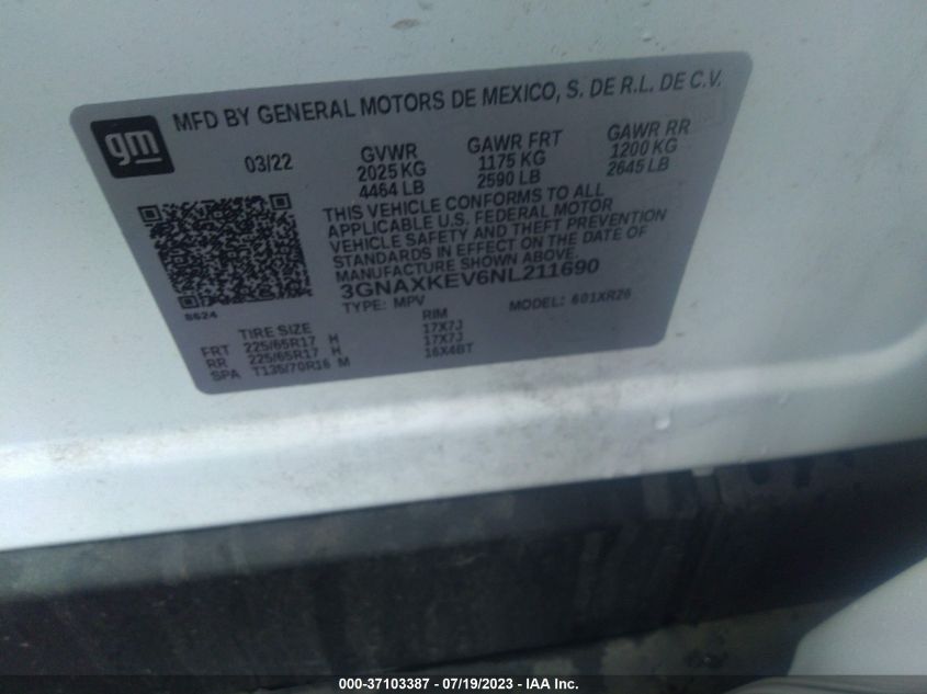 2022 CHEVROLET EQUINOX LT - 3GNAXKEV6NL211690