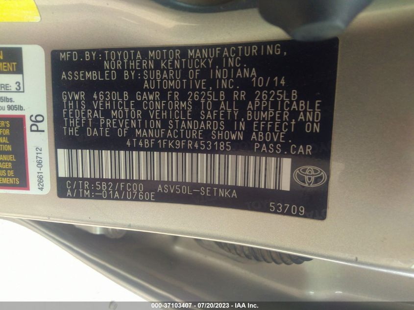 2015 TOYOTA CAMRY XLE/SE/LE/XSE - 4T4BF1FK9FR453185