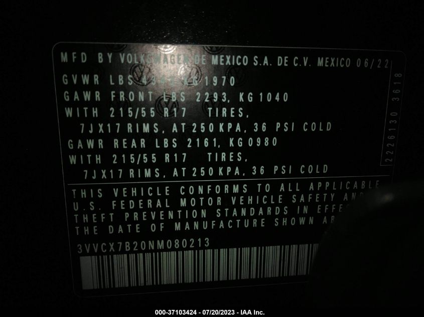 2022 VOLKSWAGEN TAOS S - 3VVCX7B20NM080213