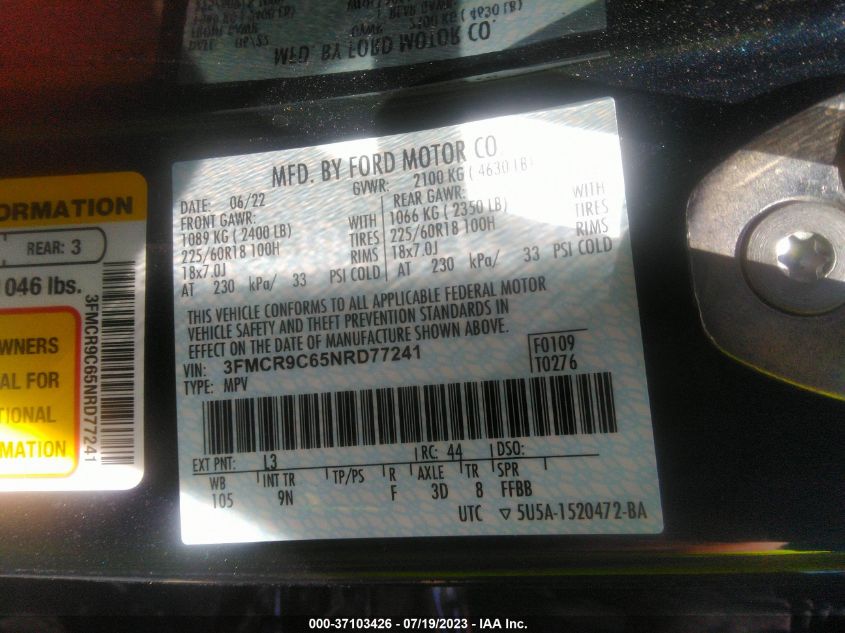 2022 FORD BRONCO SPORT OUTER BANKS - 3FMCR9C65NRD77241