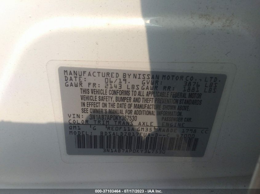 2019 NISSAN SENTRA SV - 3N1AB7AP0KY367530