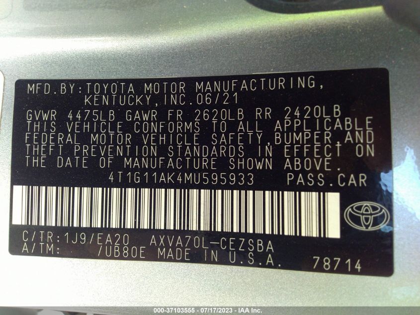 2021 TOYOTA CAMRY SE - 4T1G11AK4MU595933