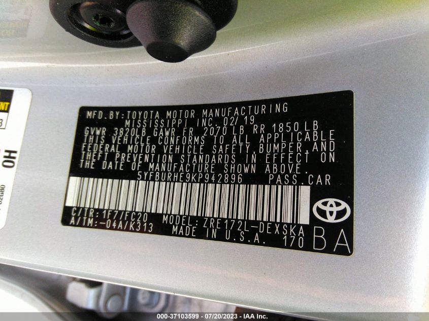 2019 TOYOTA COROLLA L/LE/SE/XLE/XSE - 5YFBURHE9KP942896
