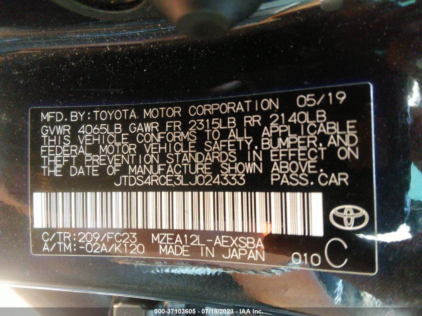 2020 TOYOTA COROLLA SE/NIGHT SHADE - JTDS4RCE3LJ024333