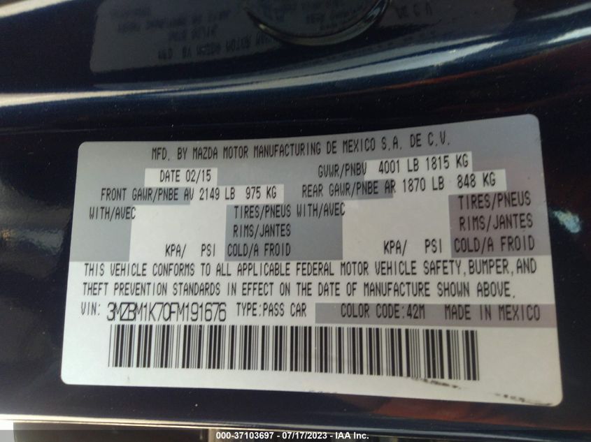 2015 MAZDA MAZDA3 I SPORT - 3MZBM1K70FM191676