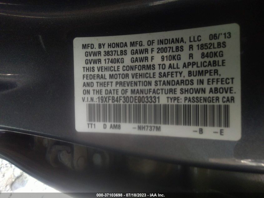 2013 HONDA CIVIC HYBRID 19XFB4F30DE003331