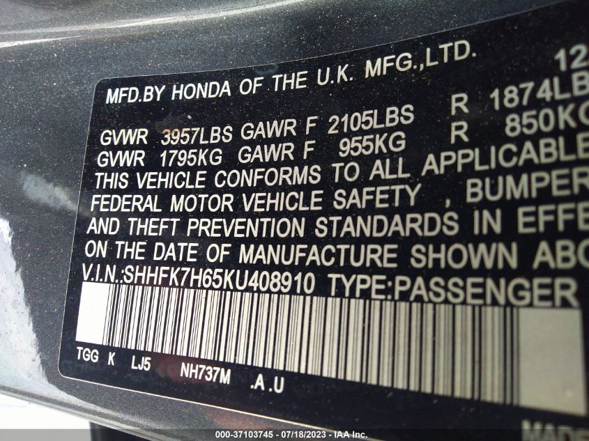 2019 HONDA CIVIC HATCHBACK EX - SHHFK7H65KU408910
