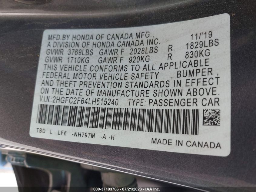 2020 HONDA CIVIC SEDAN LX - 2HGFC2F64LH515240