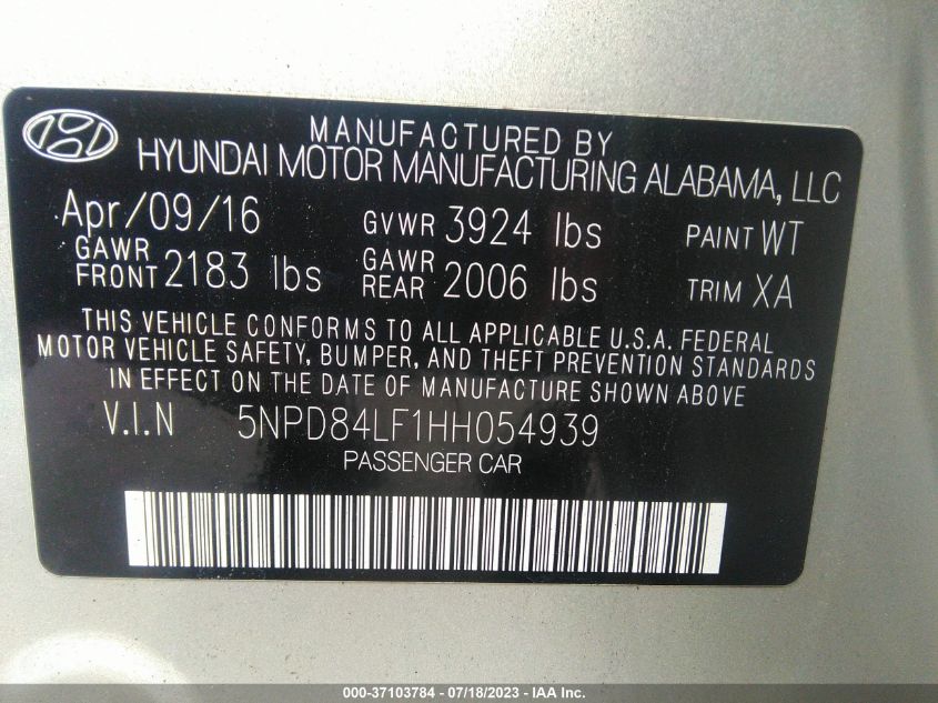 2017 HYUNDAI ELANTRA SE - 5NPD84LF1HH054939