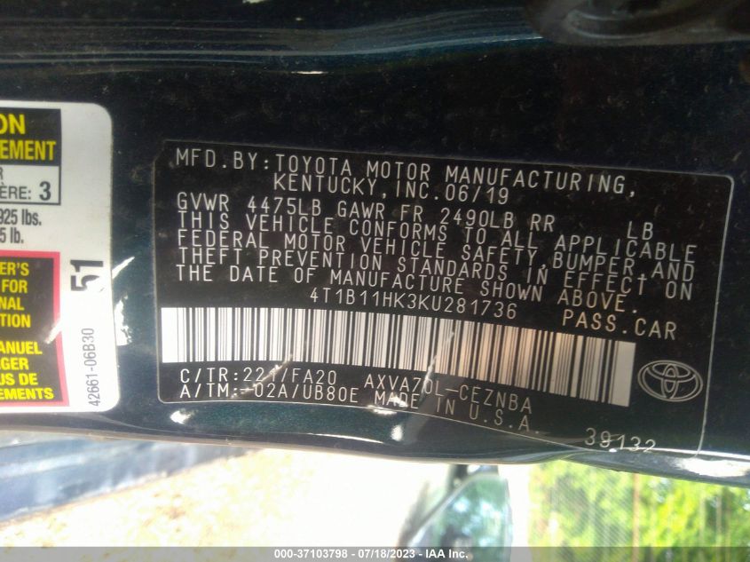 2019 TOYOTA CAMRY LE/SE/XLE/L - 4T1B11HK3KU281736