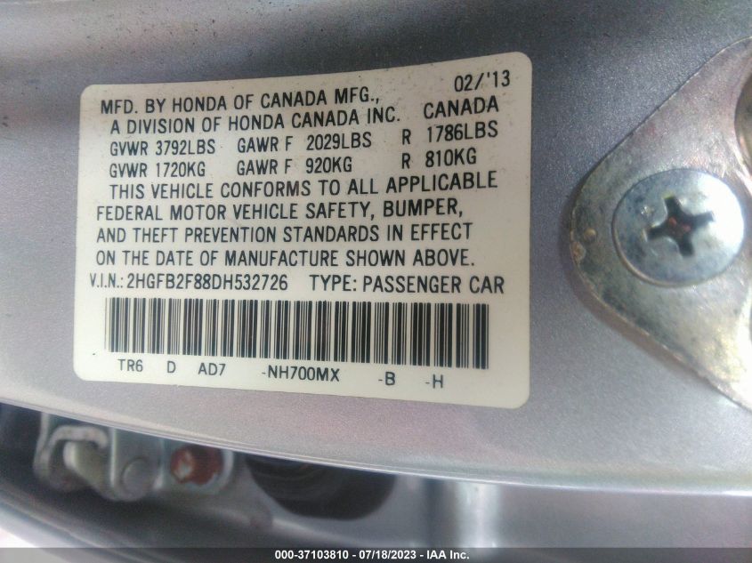 2013 HONDA CIVIC SDN EX - 2HGFB2F88DH532726
