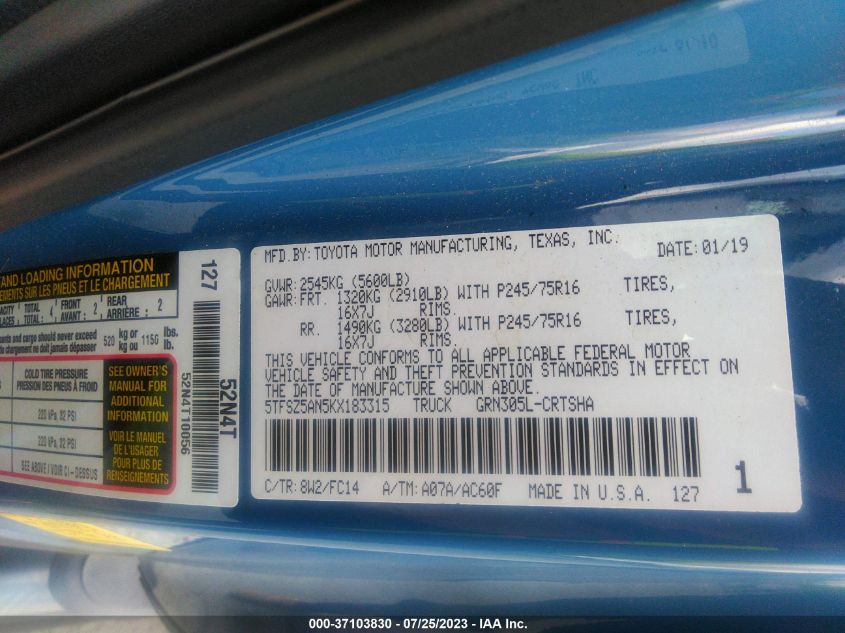 2019 TOYOTA TACOMA 4WD SR5/TRD SPORT - 5TFSZ5AN5KX183315