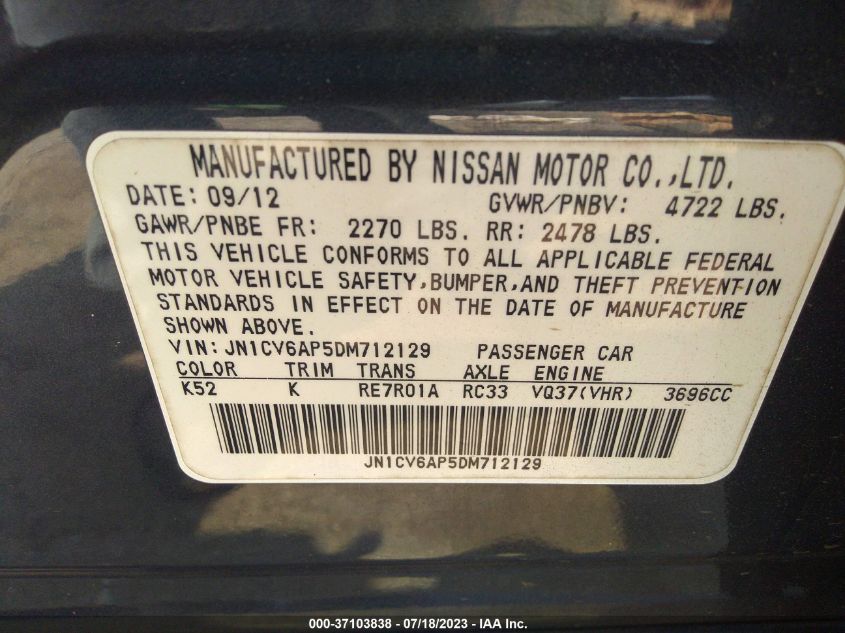 2013 INFINITI G37 SEDAN JOURNEY JN1CV6AP5DM712129