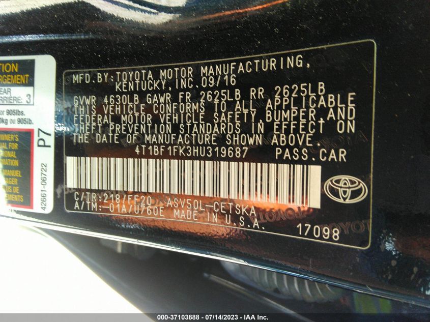 2017 TOYOTA CAMRY XLE/SE/LE/XSE - 4T1BF1FK3HU319687