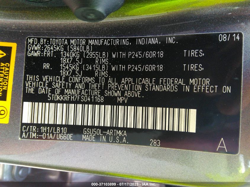2015 TOYOTA HIGHLANDER XLE - 5TDKKRFH7FS041168