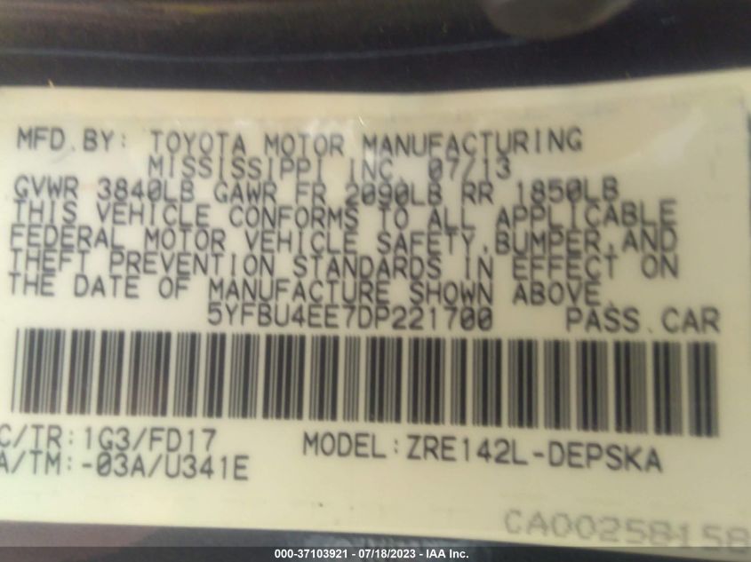 2013 TOYOTA COROLLA S/LE - 5YFBU4EE7DP221700