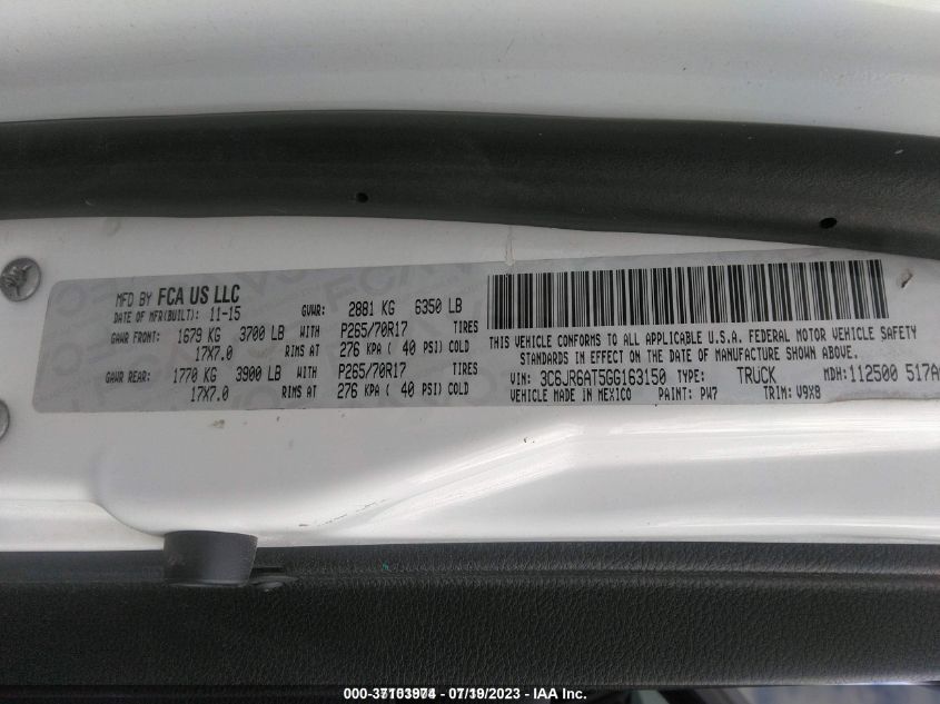 2016 RAM 1500 TRADESMAN - 3C6JR6AT5GG163150