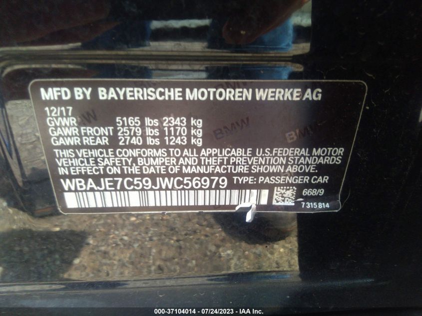 2018 BMW 5 SERIES 540I XDRIVE - WBAJE7C59JWC56979