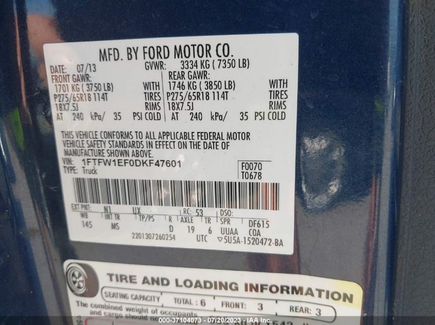 2013 FORD F-150 XL/XLT/FX4/LARIAT - 1FTFW1EF0DKF47601