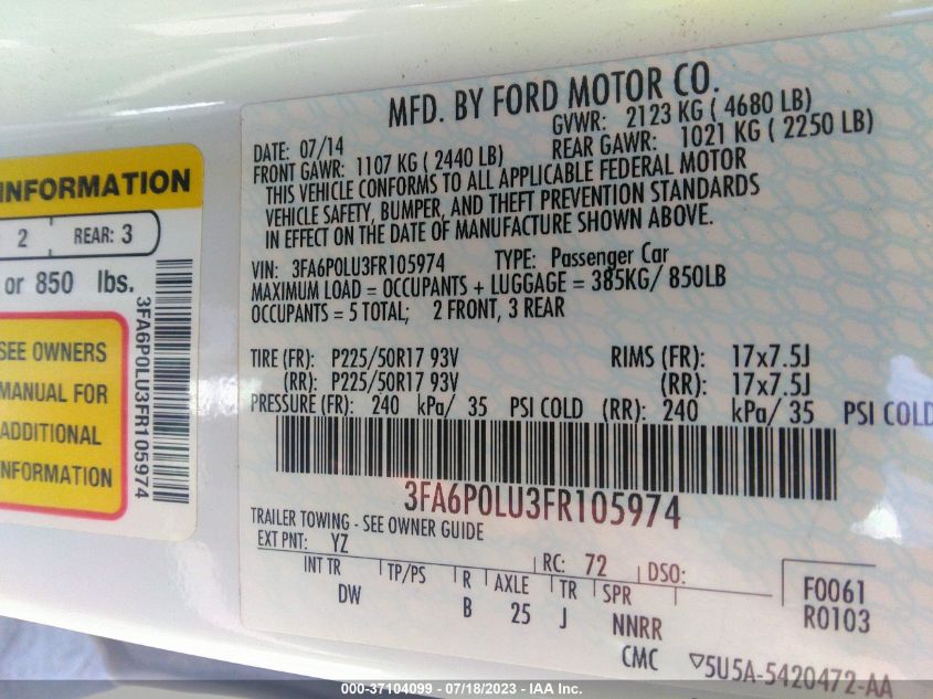 2015 FORD FUSION SE HYBRID - 3FA6P0LU3FR105974
