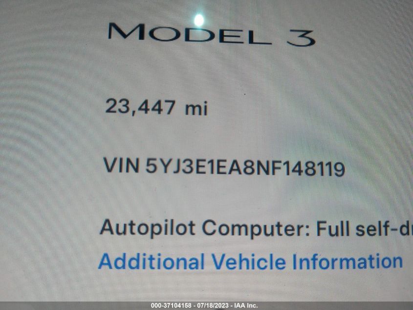 2022 TESLA MODEL 3 - 5YJ3E1EA8NF148119