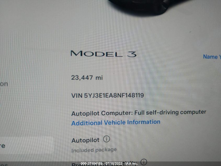 2022 TESLA MODEL 3 - 5YJ3E1EA8NF148119