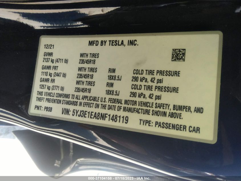 2022 TESLA MODEL 3 - 5YJ3E1EA8NF148119
