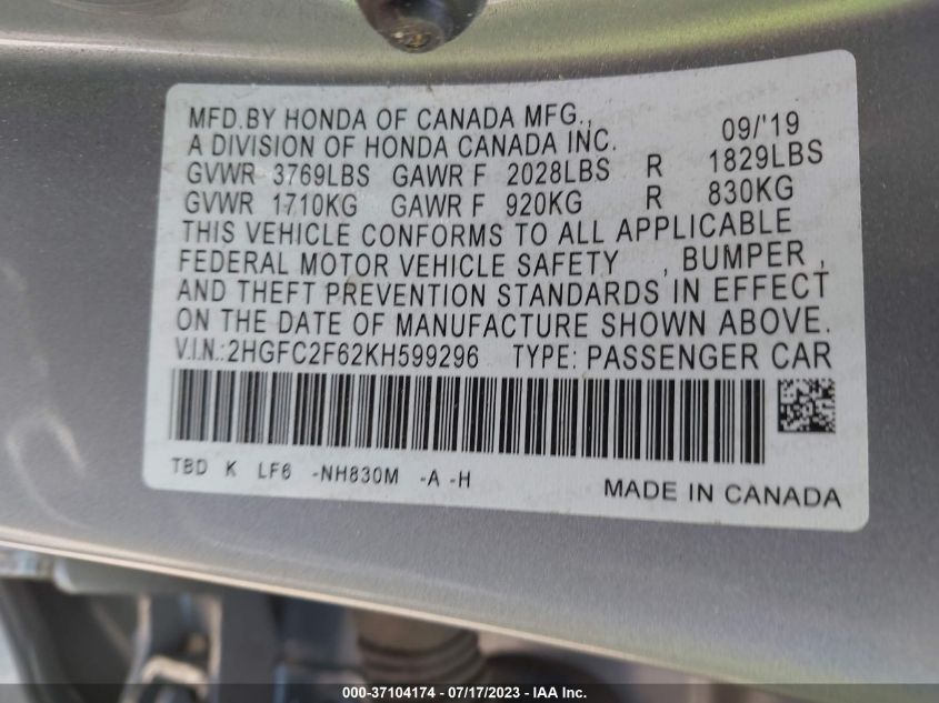 2019 HONDA CIVIC SEDAN LX - 2HGFC2F62KH599296