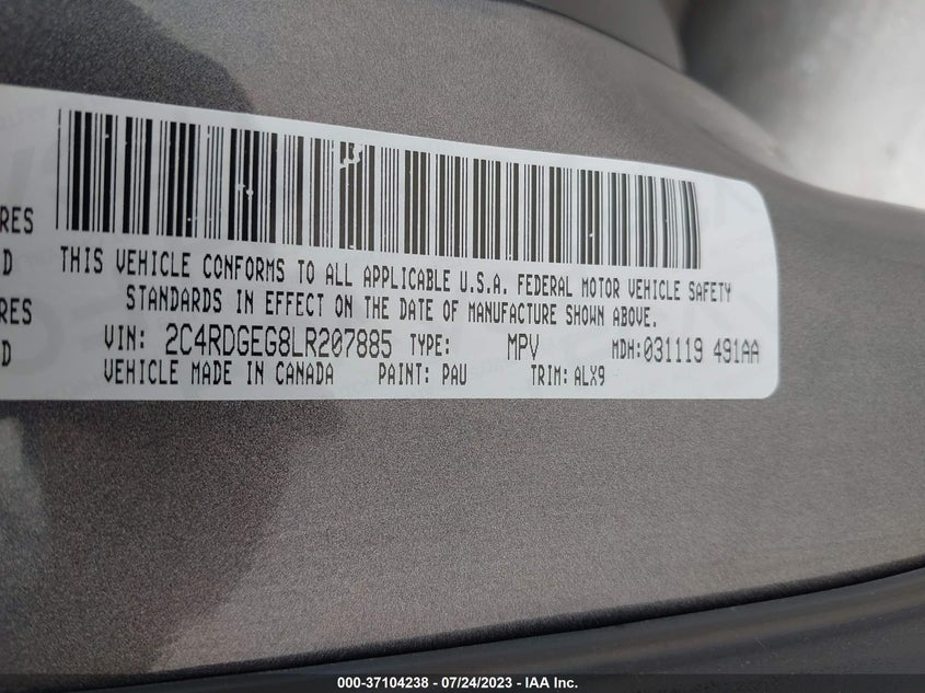 VIN 2C4RDGEG8LR207885 2020 DODGE GRAND CARAVAN GT