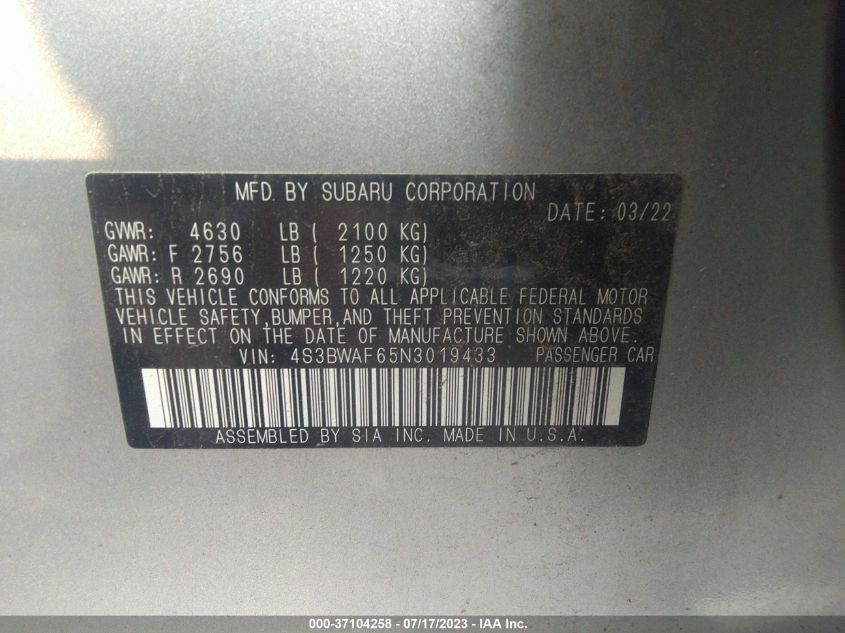 2022 SUBARU LEGACY PREMIUM - 4S3BWAF65N3019433