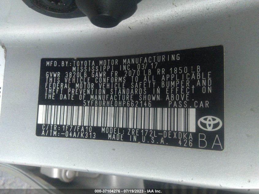 2017 TOYOTA COROLLA L/LE/XLE/SE - 5YFBURHE0HP662146