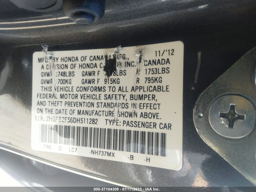 2013 HONDA CIVIC SDN LX - 2HGFB2F56DH511282
