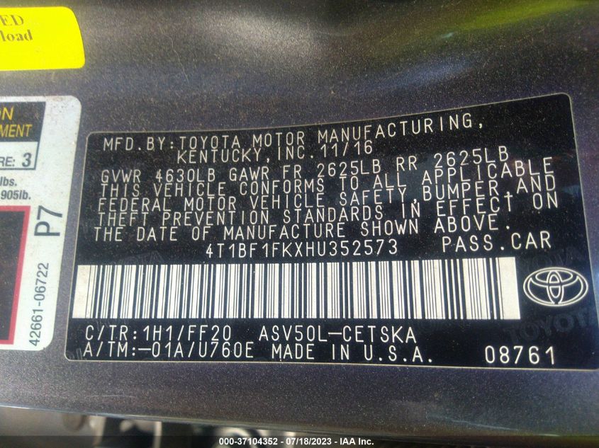 2017 TOYOTA CAMRY XLE/SE/LE/XSE - 4T1BF1FKXHU352573